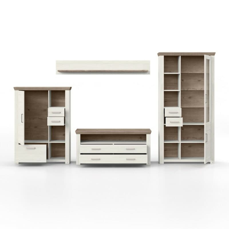 set one by Musterring York Kombination 107 mit einer Deckplatte in Artisan Eiche Nachbildung und einem Korpus in Dekor Pino Aurelio in frontaler Ansicht mit geöffneten Türen und Schubkästen