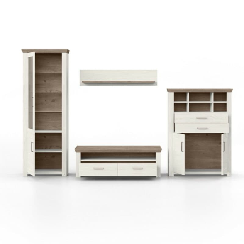 set one by Musterring York Kombination 22 mit einer Deckplatte in Eiche Nelson und einem Korpus in Pino Aurelio in frontaler Ansicht geöffnet