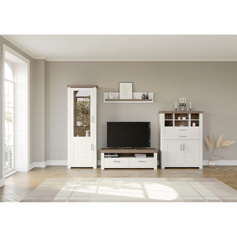 set one by Musterring York Kombination 22 mit einer Deckplatte in Eiche Nelson und einem Korpus in Pino Aurelio - Wohnbeispiel