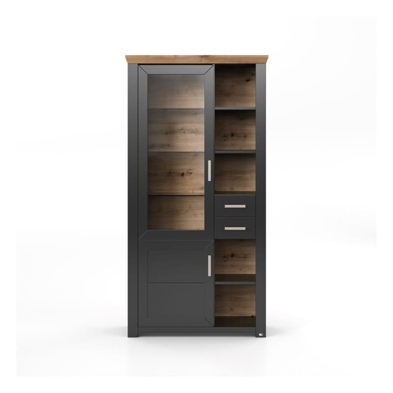 set one by Musterring Type 05 Vitrine mit einer Deckplatte in Artisan Eiche Nachbildung und einem Korpus in Dekor Grau Anthrazit - frontal