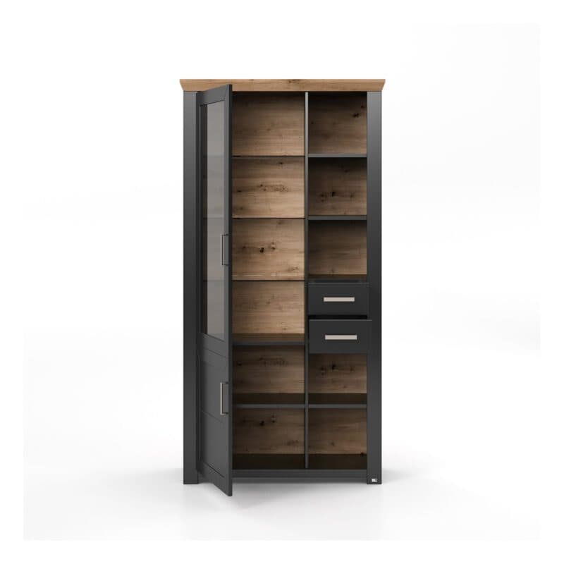 set one by Musterring Type 05 Vitrine mit einer Deckplatte in Artisan Eiche Nachbildung und einem Korpus in Dekor Grau Anthrazit - geöffnet