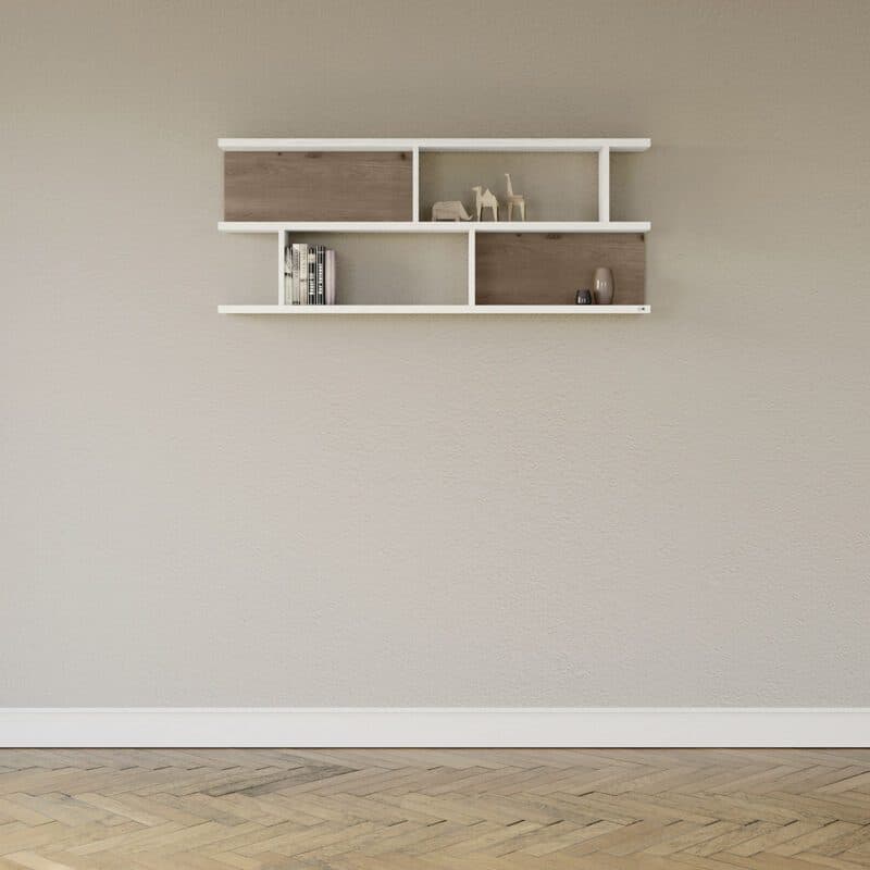 set one by Musterring Type 43 Hängeregal mit zwei Rückwandelementen in Eiche Nelson Nachbildung und einem Korpus in Dekor Pino Aurelio mit sechs Ablageflächen - Wohnbeispiel