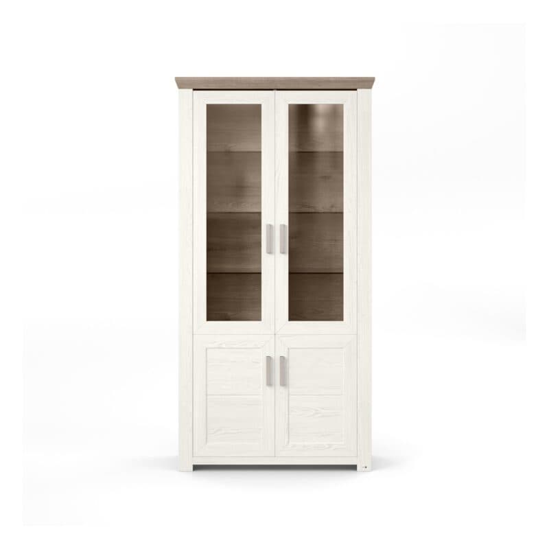 set one by Musterring Type 17 Vitrine mit einer Deckplatte in Eiche Nelson Nachbildung und einem Korpus in Dekor Pino Aurelio in frontaler Ansicht