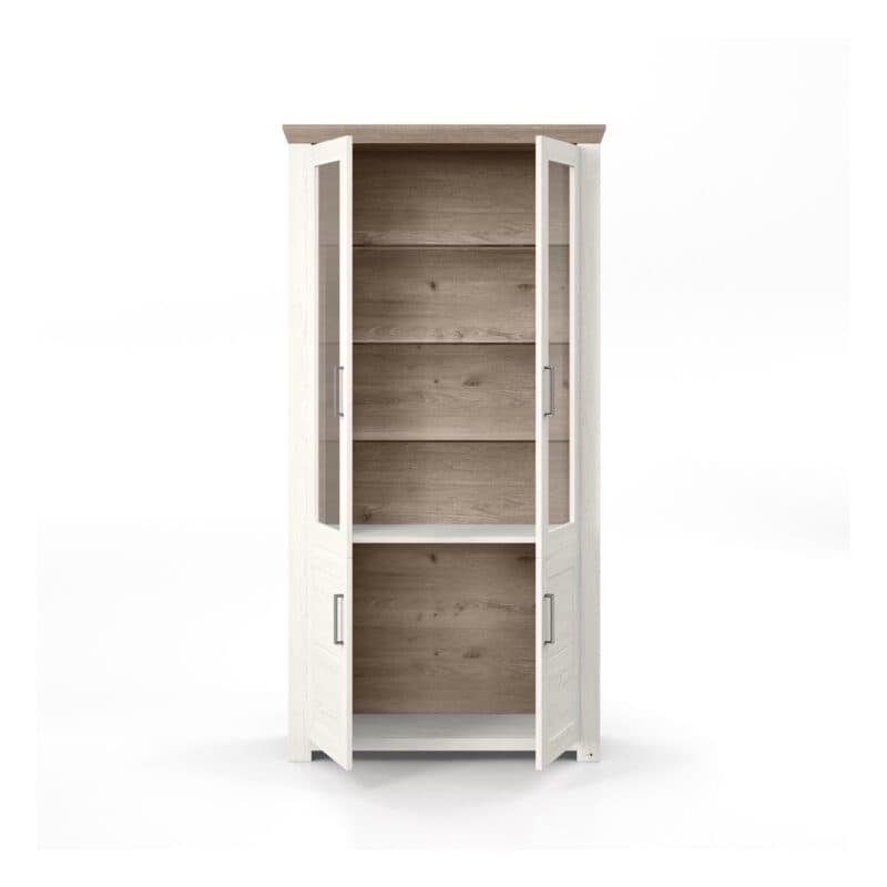 set one by Musterring Type 17 Vitrine mit einer Deckplatte in Eiche Nelson Nachbildung und einem Korpus in Dekor Pino Aurelio in frontaler Ansicht mit offenen Türen