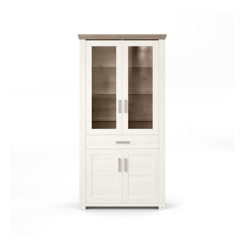 set one by Musterring Type 18 Vitrine mit einer Deckplatte in Eiche Nelson Nachbildung und einem Korpus in Dekor Pino Aurelio in frontaler Ansicht