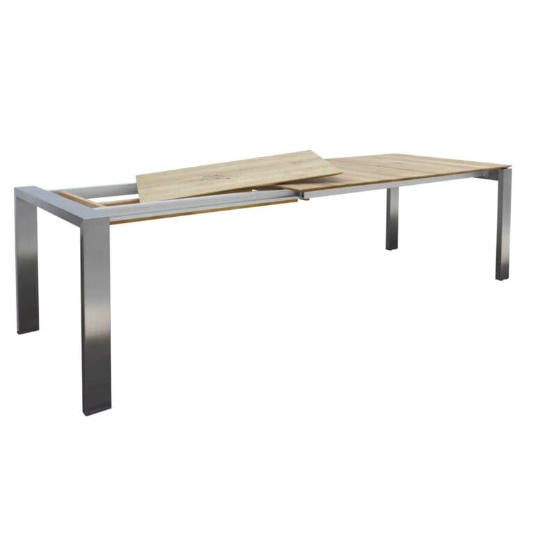 Contur Auszugstisch 3400 mit 4-Fuss in Edelstahl und Tischplatte Eiche massiv Funktionsansicht mit Klappeinlagen