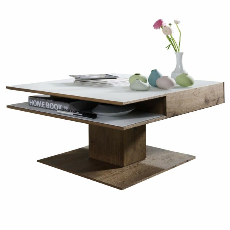 Hartmann LS 2510 Couchtisch aus massiver Kerneiche mit Schublade und Ablage als Freisteller.