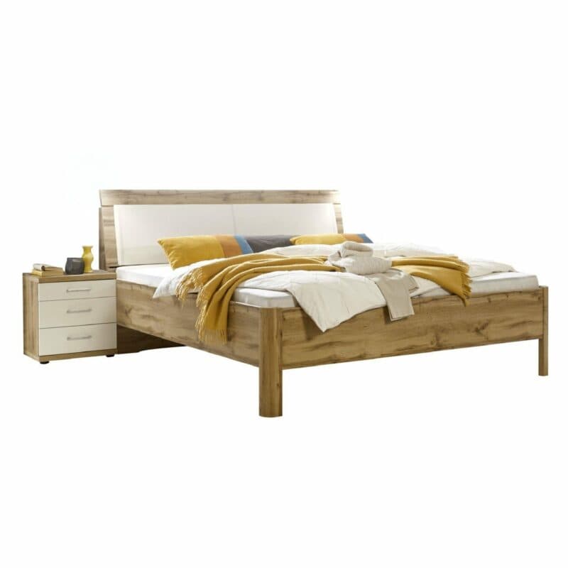 Trendstore LS 871017 Doppelbett mit Nachttisch in Balkeneiche Dekor und Weiß als Freisteller.