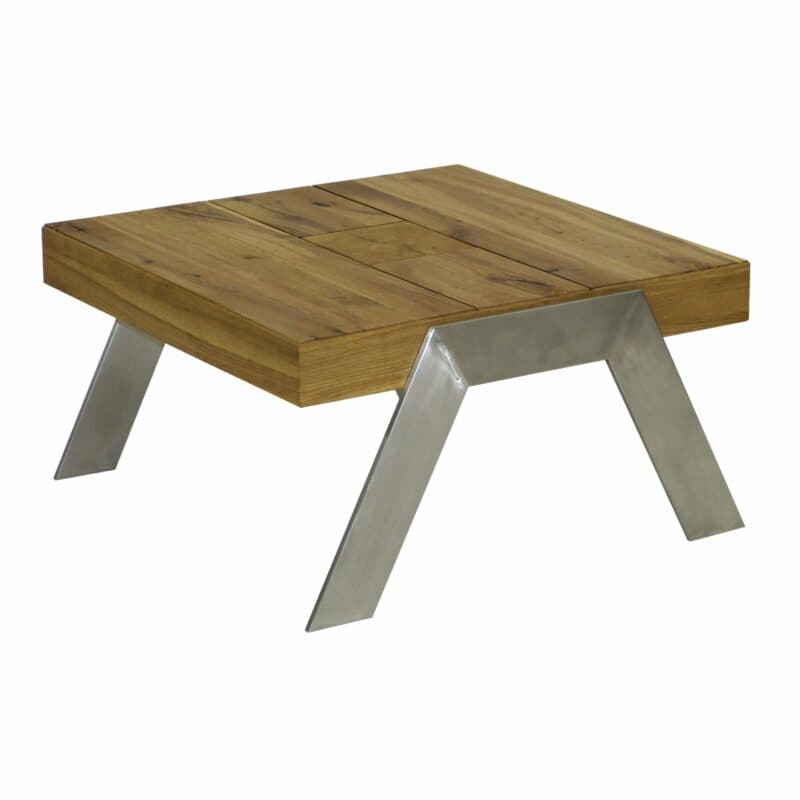 Vierhaus LS 009718 Couchtisch aus antiker Wildeiche mit Intarsien und Metallgestell als Freisteller.