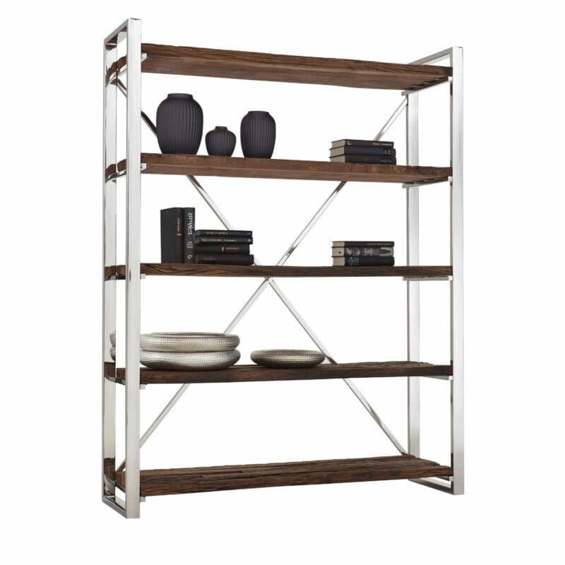 Natura Lebensart Rockfort Standregal mit fünf Böden aus Recyclingholz in seitlich frontaler Ansicht