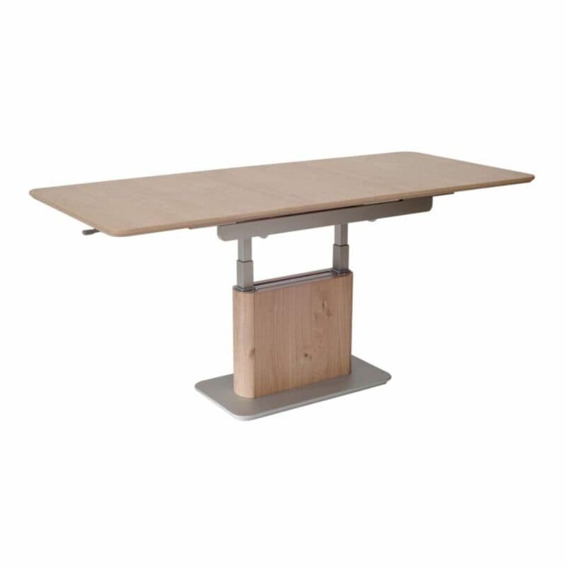 Vierhaus LS282320 Couchtisch mit Tischplatte und Gestell in Wildeiche Echtholzfurnier in seitlich frontaler Ansicht mit höhenverstellter und ausgezogener Tischplatte