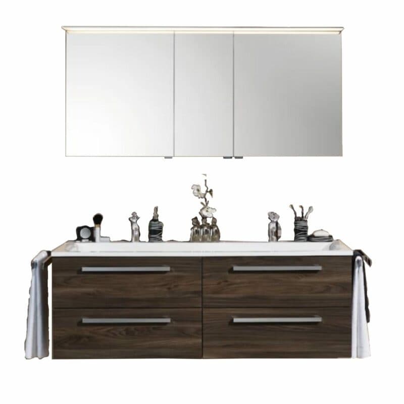 Puris Star Line Badprogramm in Ulme Nachbildung mit Spiegelschrank und Waschtisch mit Unterschrank.