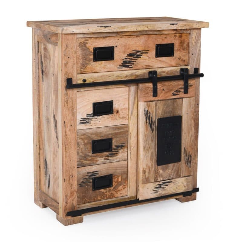 Liadomo Garbi Sideboard im Vintage Look aus Mangoholz mit einer Rolltür und vier Schubladen – Perspektivansicht