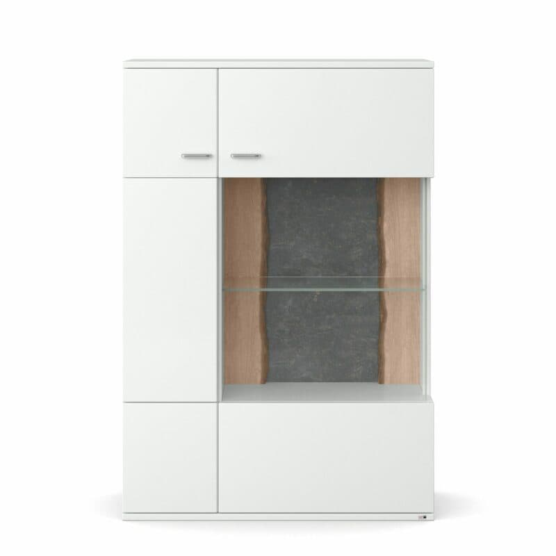 set one by Musterring Tacoma Highboard Typ 04-A in Arctic weiß mit Rückwand Rindholz-Eiche massiv lackiert