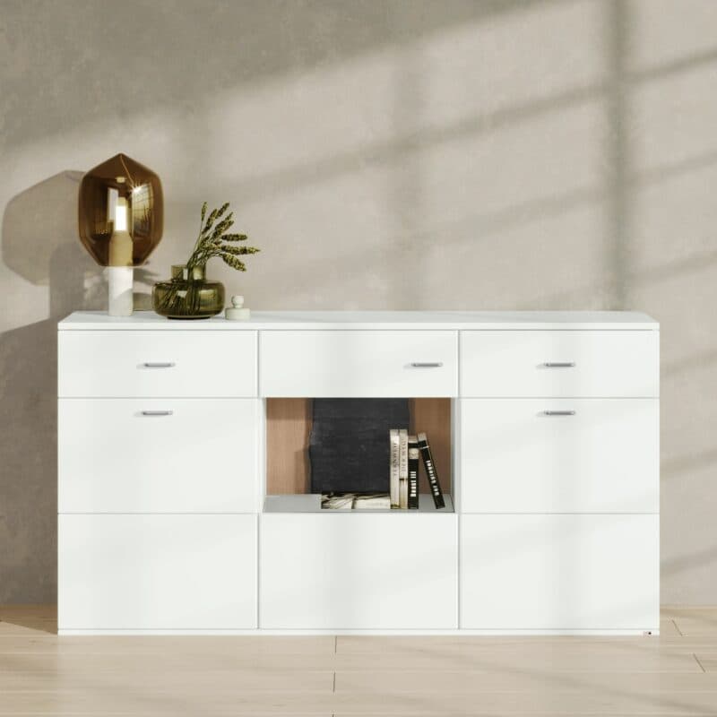 set one by Musterring Tacoma Sideboard Typ 53-A in Arctic weiß mit Dekorückwand