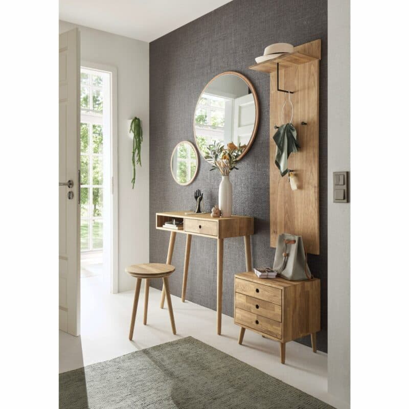 Trendstore Macey Garderobenprogramm mit Konsole, Kommode, Hocker, Garderobenpaneel und zwei Spiegeln.