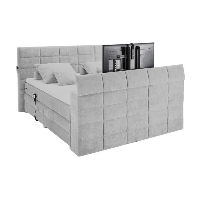 Trendstore Benni Boxspringbett 180 x 200 cm Liegefläche in Bezug Uran 02 silver mit TV-Halterung.