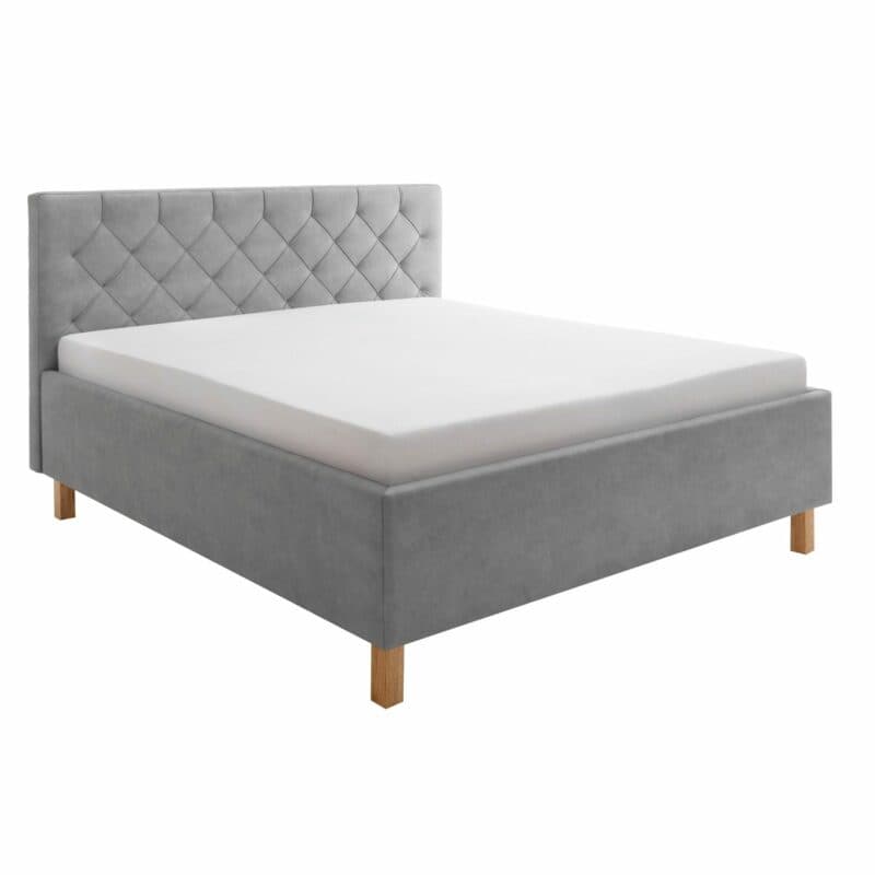Trendstore San Remo Polsterbett mi Bettkasten in Hellgrau mit Füßen in Eiche als Freisteller.