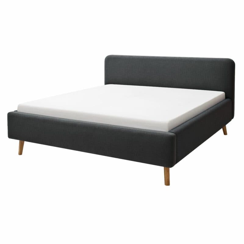 Trendstore Mattis Polsterbett in Bezug Aspen 96 anthrazit mit Füßen in Eiche massiv