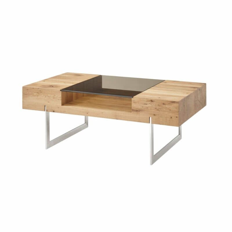 Trendstore Rewa Couchtisch mit Tischplatte aus Asteiche furniert, Glaseinsatz und Gestell aus Metall in Edelstahloptik in seitlich frontaler Ansicht