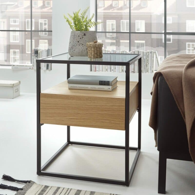 Trendstore Evora Beistelltisch mit Schubkasten in Eiche Dekor und Gestell in schwarz pulverbeschichtet