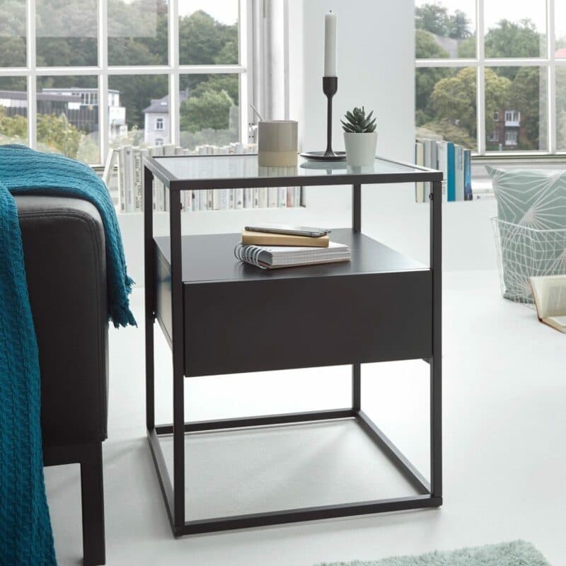 Trendstore Evora Beistelltisch mit Schubkasten in Dekor schwarz matt und Gestell in schwarz pulverbeschichtet