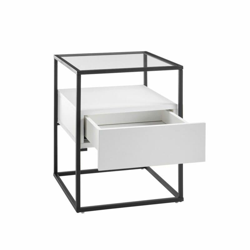 Trendstore Evora Beistelltisch mit Schubkasten in Dekor weiß matt und Gestell in schwarz pulverbeschichtet