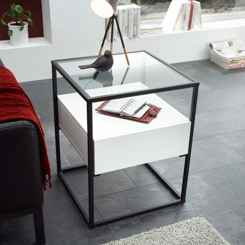 Trendstore Evora Beistelltisch mit Schubkasten in Dekor weiß matt und Gestell in schwarz pulverbeschichtet