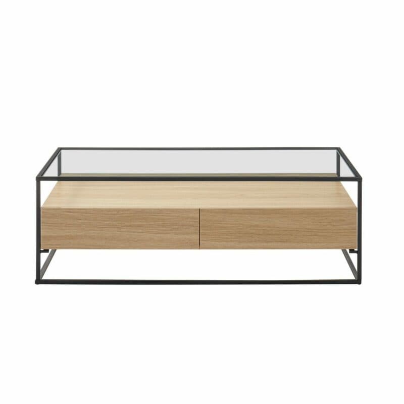 Trendstore Evora Couchtisch in Eiche Dekor mit Klarglasplatte und Gestell in Metall schwarz pulverbeschichtet