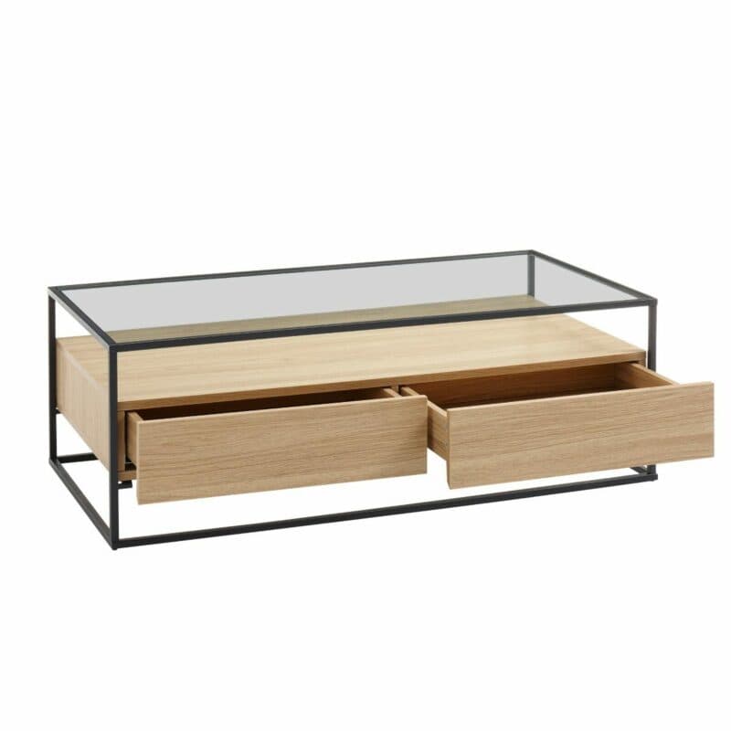 Trendstore Evora Couchtisch mit 2 Schubkästen in Eiche Dekor mit Klarglasplatte und Gestell in Metall schwarz pulverbeschichte