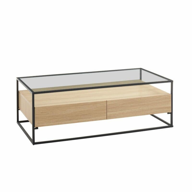 Trendstore Evora Couchtisch in Eiche Dekor mit Klarglasplatte und Gestell in Metall schwarz pulverbeschichtet