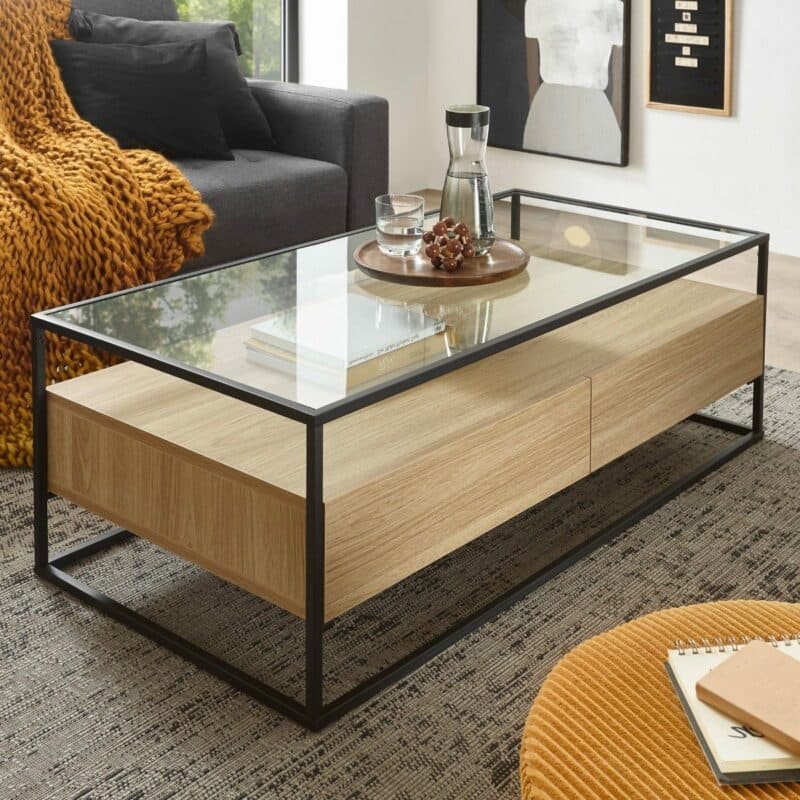 Trendstore Evora Couchtisch in Eiche Dekor mit Klarglasplatte und Gestell in Metall schwarz pulverbeschichtet