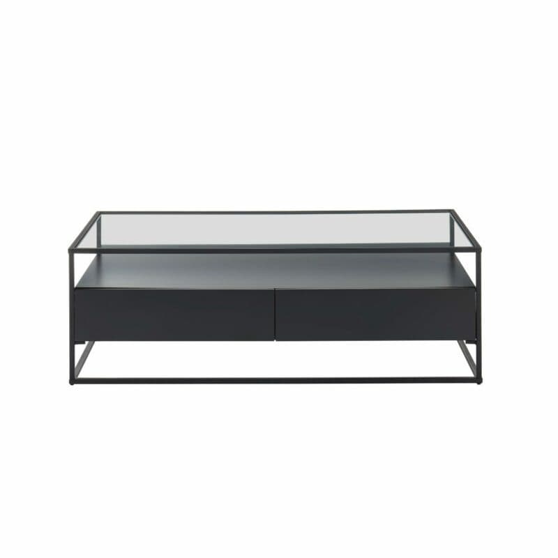 Trendstore Evora Couchtisch in Schwarz matt mit Klarglasplatte und Gestell in Metall schwarz pulverbeschichtet