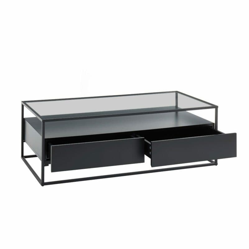 Trendstore Evora Couchtisch mit 2 Schubkästen in Schwarz matt mit Klarglasplatte und Gestell in Metall schwarz pulverbeschichtet