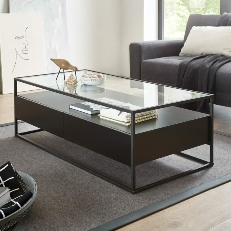 Trendstore Evora Couchtisch in Schwarz matt mit Klarglasplatte und Gestell in Metall schwarz pulverbeschichtet