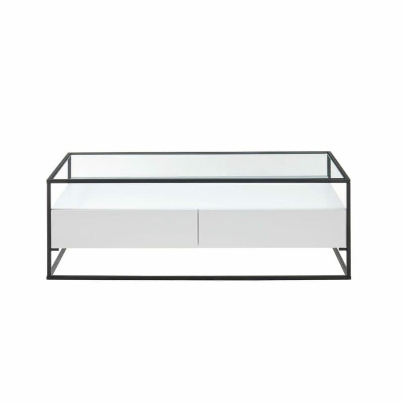 Trendstore Evora Couchtisch in Weiß matt mit Klarglasplatte und Gestell in Metall schwarz pulverbeschichtet