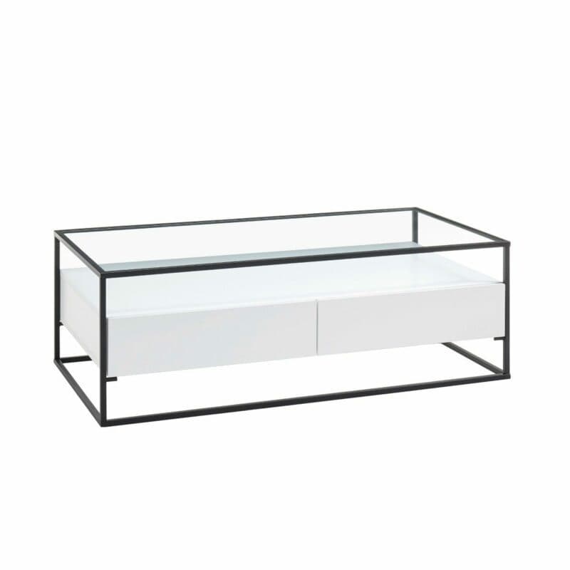 Trendstore Evora Couchtisch in Weiß matt mit Klarglasplatte und Gestell in Metall schwarz pulverbeschichte