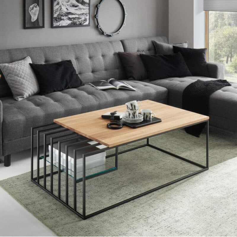 Trendstore Juba Couchtisch in Eiche massiv geölt mit Gestell in Metall schwarz pulverbeschichtet