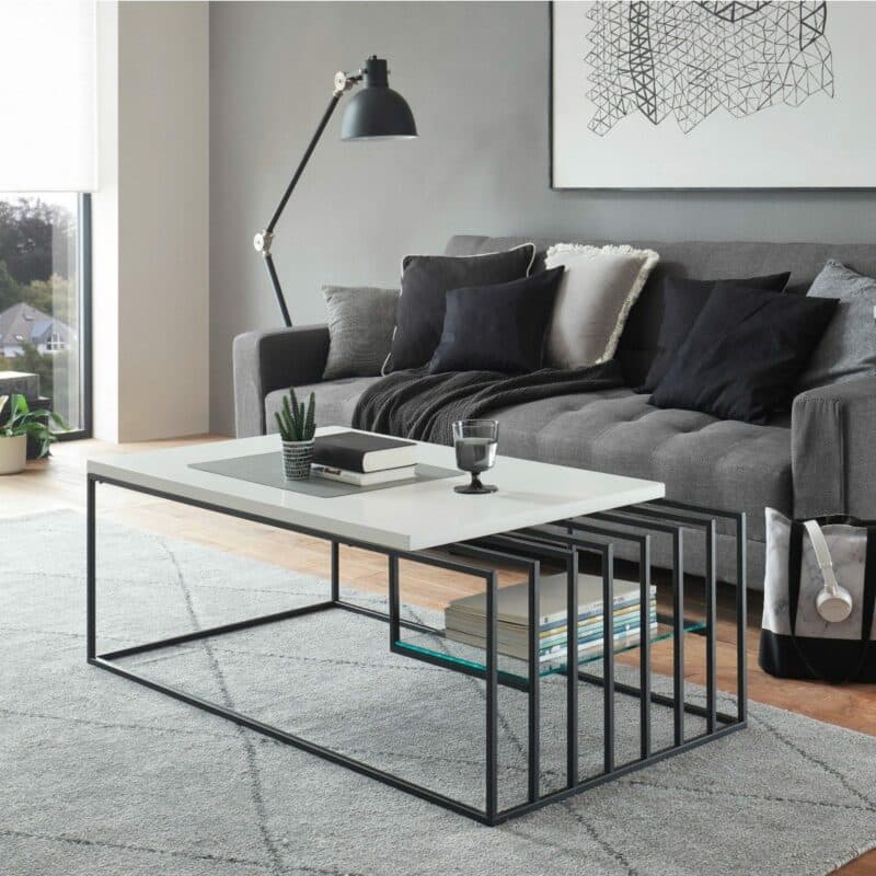 Trendstore Juba Couchtisch in Weiß matt lackiert mit Gestell in Metall schwarz pulverbeschichtet