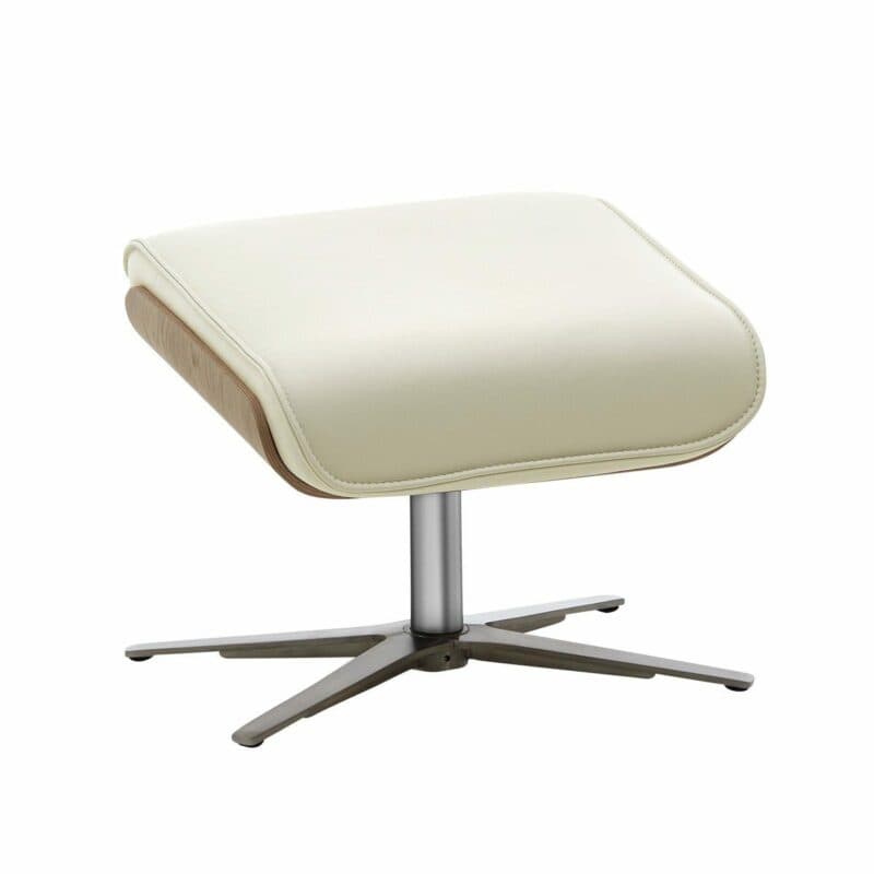 Couchliebe Hongkong Hocker in weißem Leder mit Schale aus Wildeiche und Sternfuß aus Edelstahl als Freisteller.