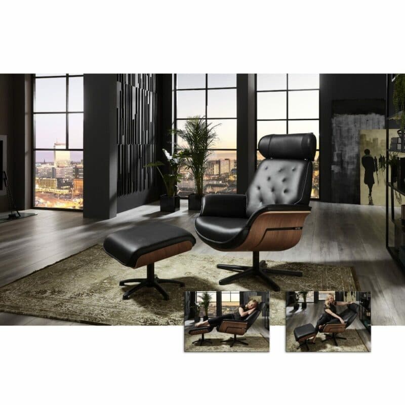 Couchliebe Hongkong Relaxsessel und Hocker in schwarzem Leder mit Schale aus Nussbaum und Sternfuß in Schwarz als Wohnbeispiel.