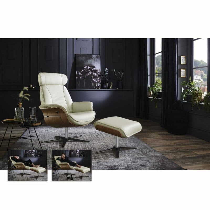 Couchliebe Hongkong Relaxsessel mit Hocker in weißem Leder mit Schale aus Wildeiche und Sternfuß aus Edelstahl als Wohnbeispiel.