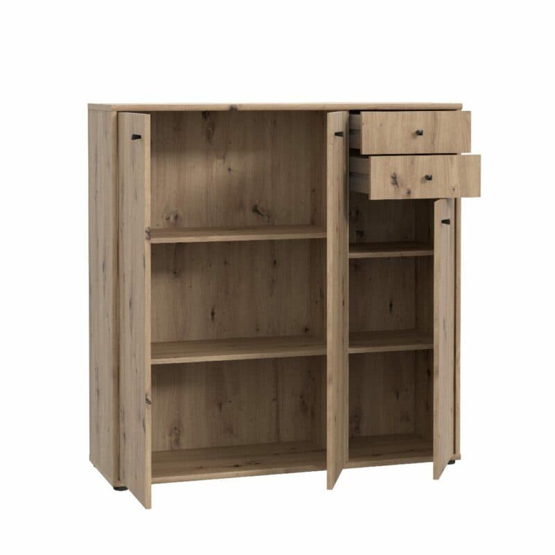 Trendstore Faik Kommode mit drei Türen und zwei Schubladen in Artisan Eiche Dekor und mit Griffen in Schwarz in geöffnetem Zustand.