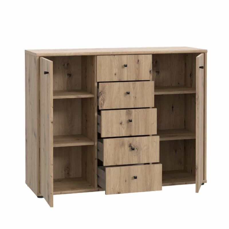 Trendstore Faik große Kommode mit zwei Türen und fünf Schubladen in Artisan Eiche Dekor in geöffnetem Zustand.