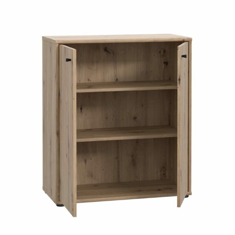 Trendstore Faik kleine Kommode in Artisan Eiche Dekor in geöffnetem Zustand.