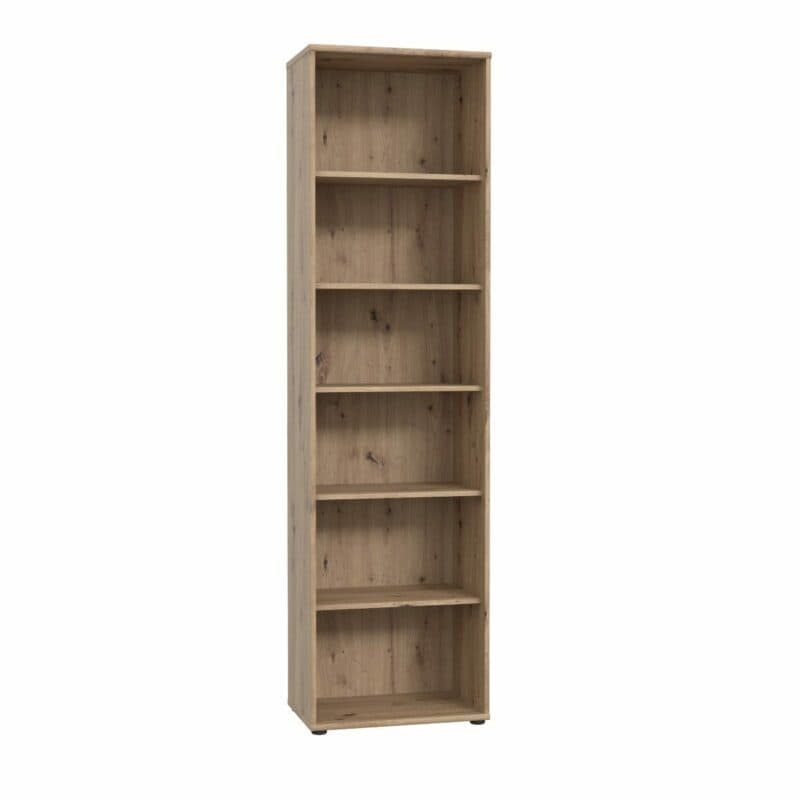 Trendstore Faik hohes Regal mit einer Breite von 54 cm und fünf Einlegeböden in Artisan Eiche Dekor als Freisteller.