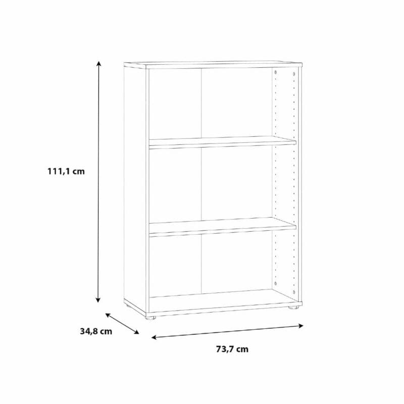 Trendstore Faik halbhohes Regal mit einer Breite von 73,7 cm und zwei Einlegeböden als Skizze mit Außenmaßen.