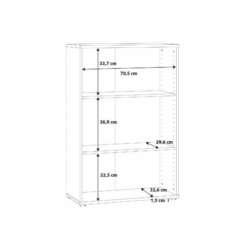 Trendstore Faik halbhohes Regal mit einer Breite von 73,7 cm und zwei Einlegeböden als Skizze mit Innenmaßen.
