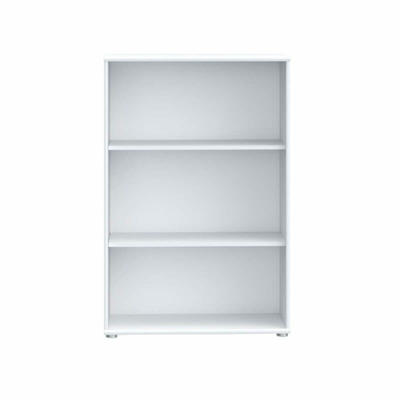 Trendstore Faik halbhohes Regal mit einer Breite von 73,7 cm und zwei Einlegeböden in Weiß in frontaler Ansicht.