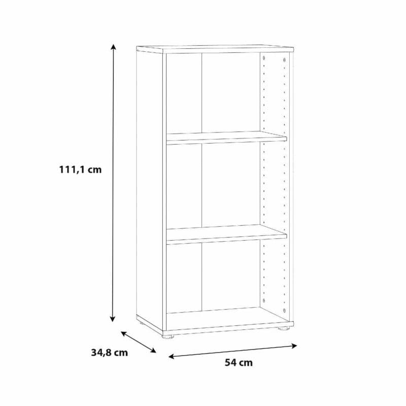 Trendstore Faik halbhohes Regal mit einer Breite von 54 cm und zwei Einlegeböden als Skizze mit Außenmaßen.